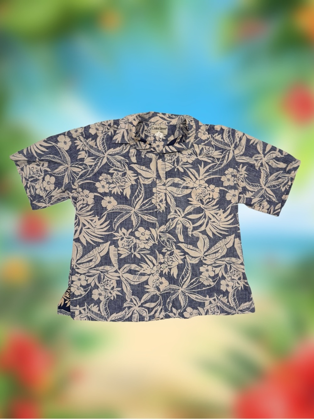 Vintage Cooke Street Honolulu Mens Large Blue and Beige Hawaiian Button-Up Shirt